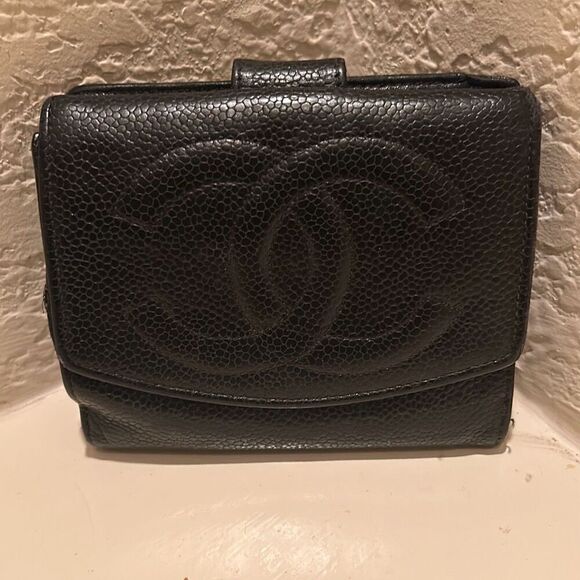 Chanel Caviar Leather Bifold Wallet With Coin Pouch Black Classic CC Big Logo - Picture 1 of 13